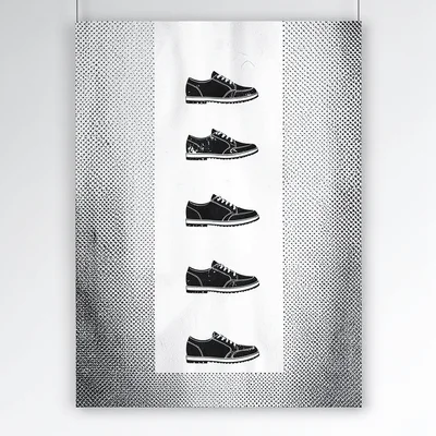 Vertical riso poster of a single shoe icon repeating in a column, halftone backd