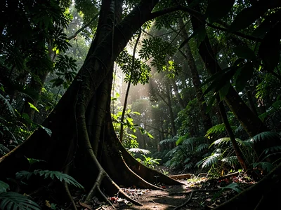 Buttress roots illuminated while surrounding forest dark