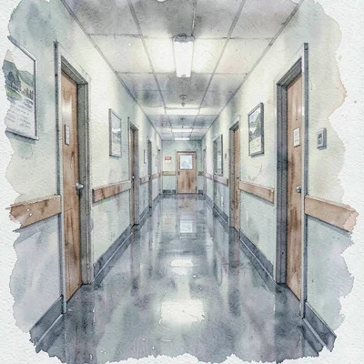 Soft-wash watercolor of a triage corridor at quiet pre-dawn, soft fluorescent gl