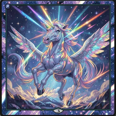Trading card game illustration, a unicorn charging through starlight, horn blazi
