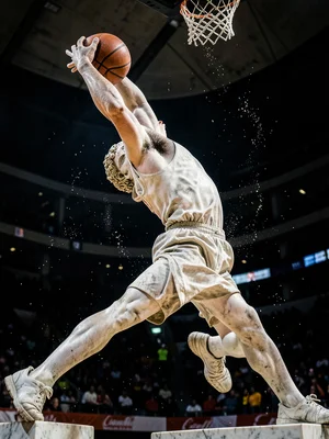 Basketball player dunking but frozen in pose of Michelangelo's David, marble tex