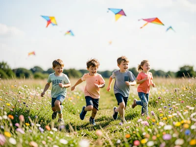 Children running through a field of wildflowers, kites in the sky behind them