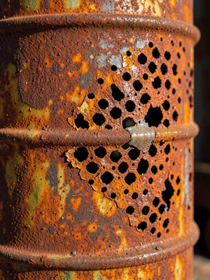 Oil drum with rust perforation, holes like lace, industrial deterioration