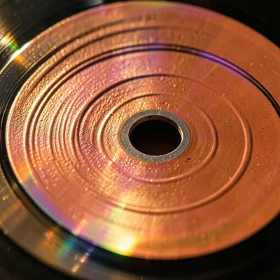 45 RPM single center hole detail, large hole in colored vinyl with adapter inser
