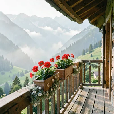 Fresh Alpine atmosphere, gentle pastoral quality, Wooden balcony of alpine farmh