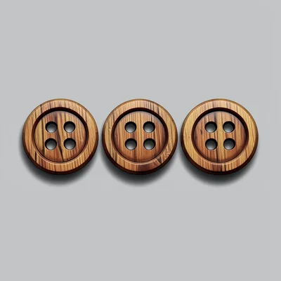 Three carved wood buttons in a row on a neutral background, hard shadow