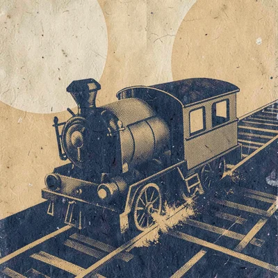 Bold riso poster of a halftone toy train and tracks in indigo and ochre, registr