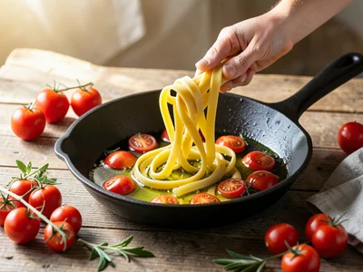 Fresh pasta being tossed in a cast-iron pan with olive oil and cherry tomatoes