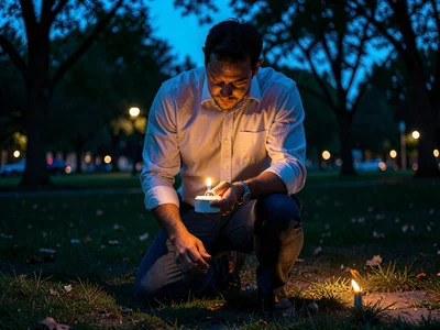 Man on one knee in park at blue hour, ring box catching last warm light