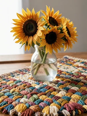 A vase of sunflowers on a table, each petal a tuft of golden yarn