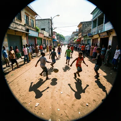 Harsh equatorial noon light casting deep shadows, Children playing football in s