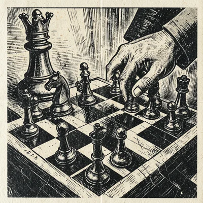 A chess board mid-game from a low angle, the pieces monumental and dramatic, a h