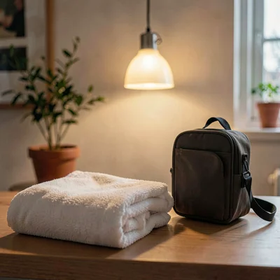 Cozy atmospheric of a folded clinic towel beside a small carrier, single warm pe