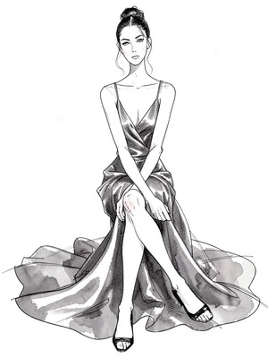 Seated model silk dress pooling