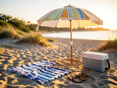 Beach umbrella and two striped towels on sand, flip flops, cooler nearby