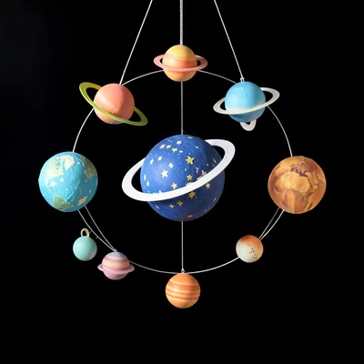 Paper craft solar system mobile, planets as different paper techniques, black ba