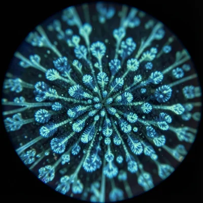 Bread mold under macro lens, fractal blue-green patterns, scientific beauty