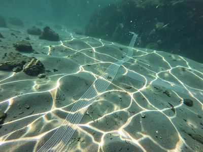 Caustic network stretched by swimming through scene