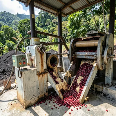 Cherry Pulping Machine in Action at Wet Mill Station