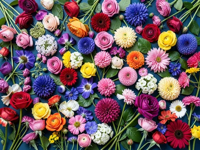 A flat lay of cut flowers — stems, petals, leaves covering every millimeter of s