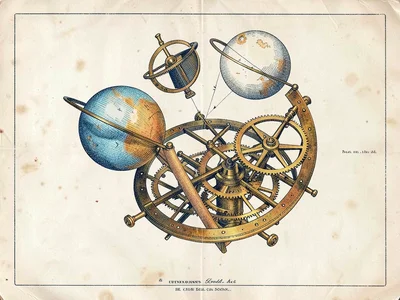 Brass orrery exploded into its component gears, axes, and celestial spheres on a