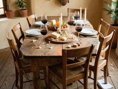 The aftermath of a dinner party, the table not yet cleared — eight place setting