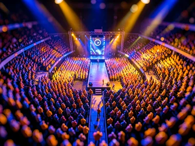 Edge-of-stage tilt-shift photograph from a high catwalk of a stadium concert, sa