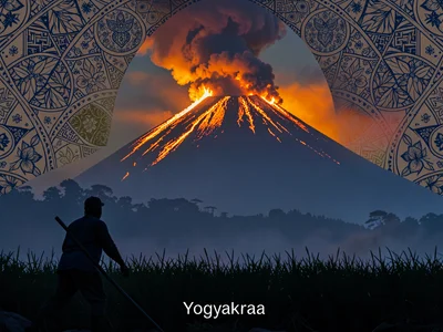 Rice farmer silhouette against Merapi