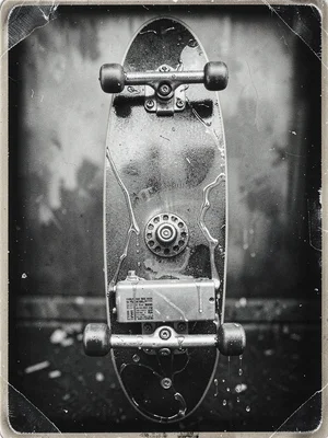 Electric skateboard deck with battery visible, motor hub detailed, collodion coa