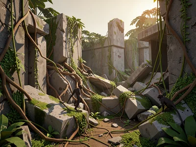 Reclaimed city ruins overrun by jungle: collapsed concrete blocks, exposed roots
