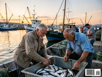 Fishing boats returning to harbour at dawn, workers unloading catch, documentary