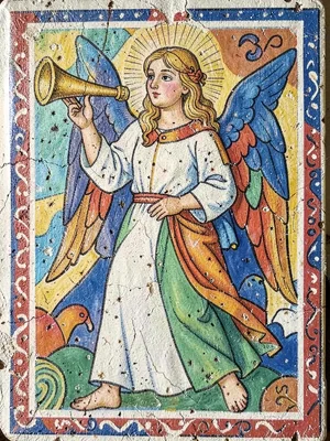 Sgraffito angel with trumpet