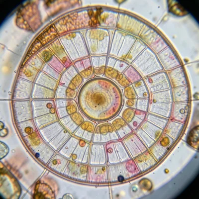 Fish scale growth rings under transmitted light, concentric lines like tree ring