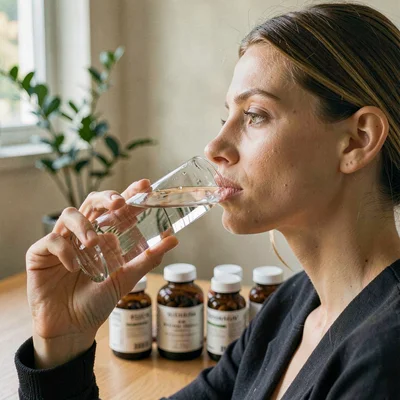 Editorial of a model's profile sipping water beside a row of supplement bottles