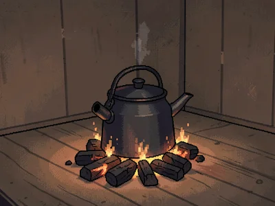 An iron kettle on glowing charcoal embers casting gentle warm light across the f