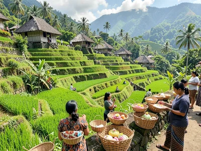 Emerald rice terraces stepping down hillside