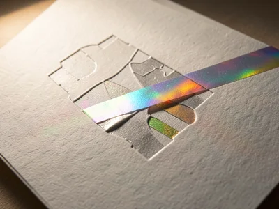 Holographic foil strip across blind-embossed abstract composition, rainbow flash