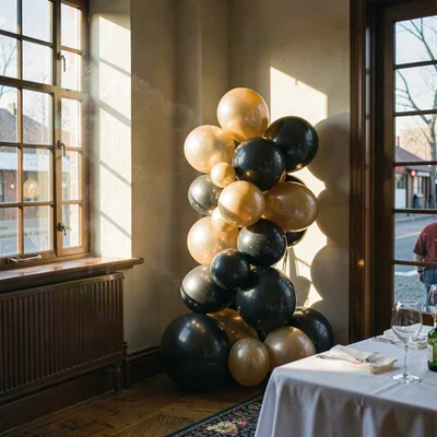 Atmospheric of a corner of a venue with a balloon sculpture catching shafts of w