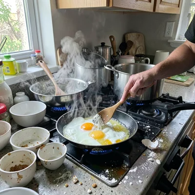 Egg cracking into sizzling butter in pan