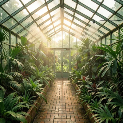 A greenhouse path: brick walkway between beds of exotic plants, overhead sprinkl