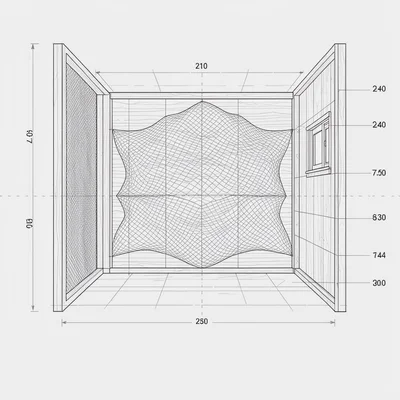 Schematic blueprint of an indoor scan pattern with mesh and annotated walls