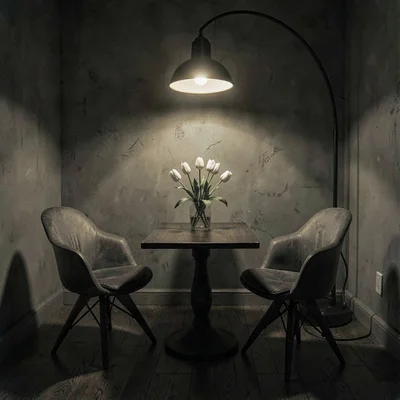 Atmospheric charcoal of a tulip table and saarinen chairs in a back corner, dim 