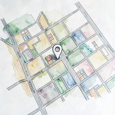 Hand-drawn route map illustration of a city neighborhood with a pickup pin and a