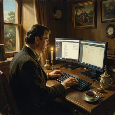 A programmer at a desk with two monitors, screen glow replacing candlelight, key