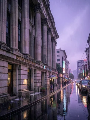 Hong Kong Bank columns in rain