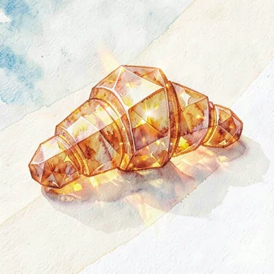 Translucent amber lowpoly croissant with stacked flaky faceted layers throwing w