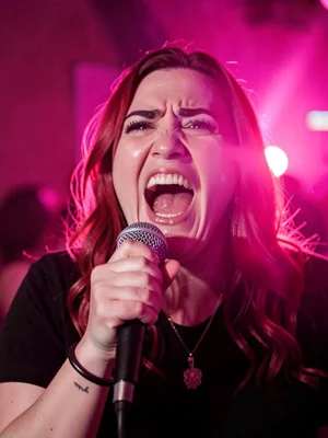 Woman screaming into a karaoke mic, the song terrible, the joy genuine, pink lig