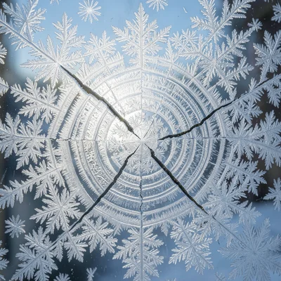 Frost growing outward from a crack in the glass, the crystal patterns radiating 