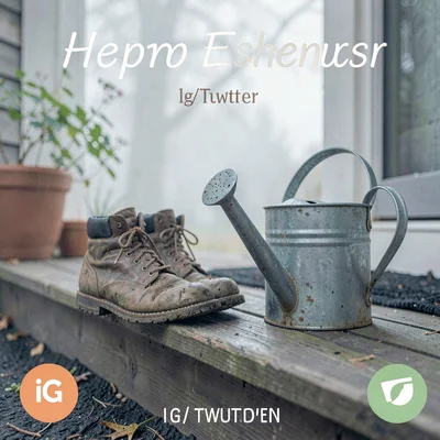 IG/Twitter teaser tile of two muddy boots beside a watering can on a porch step,