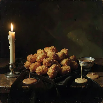 Chicken nuggets arranged on dark velvet cloth, Rembrandt lighting revealing cris